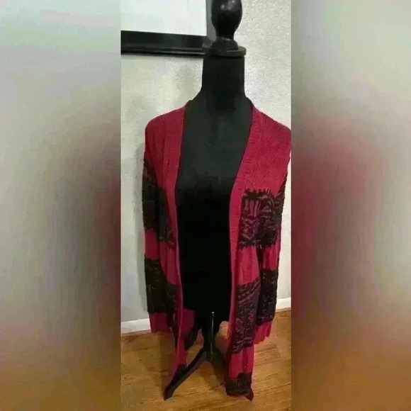 New Directions Open Front Knit Embellished Cadigan Sweater Size XL Red/Black - Picture 1 of 6